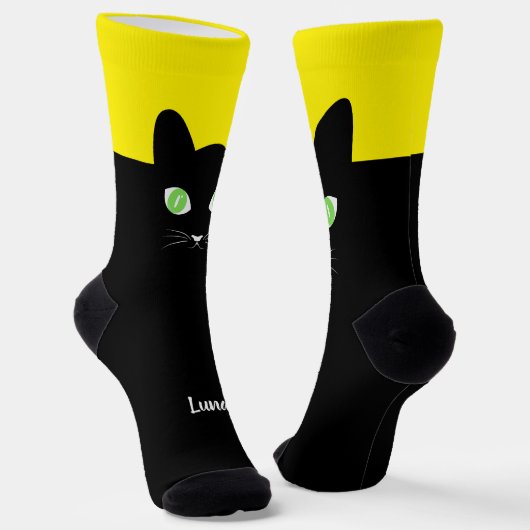 Chaussette Custom Black Cat Photo Socks with Name - Cat Lover (Angulaire)