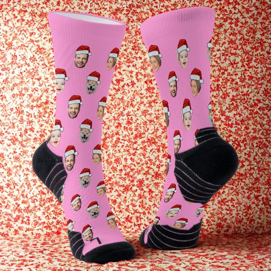 Chaussette Custom Face Pink Socks, Santa Hat 4 Faces Pink 