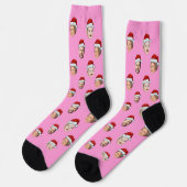 Chaussette Custom Face Santa Hat Pink Socks, 4 Photos Pink (Gauche)