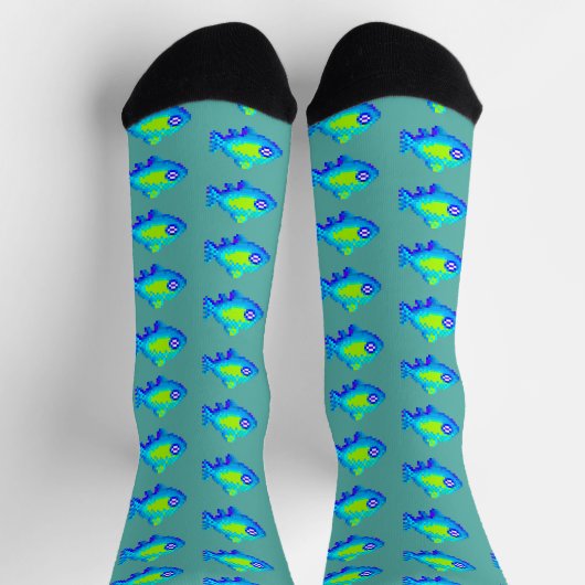 Chaussette Cute 8 bits Pixel Art Poisson Turquoise Green Moti (Haut)