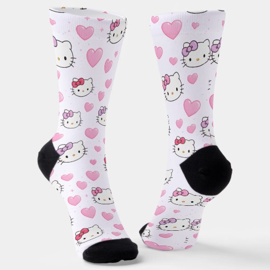 Chaussette Cute Cat Faces & Hearts Pattern Kawaii Style (Angulaire)