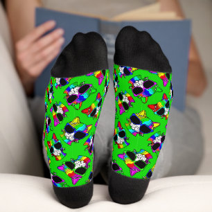 Chaussette CUTE Crazy Coloré Cool Rainbow Cats sur Vert