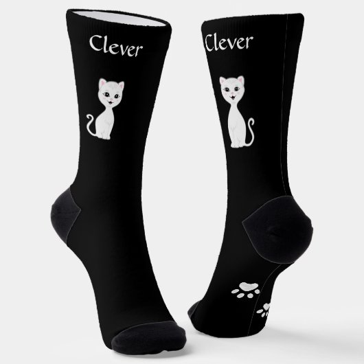 Chaussette Cute drôle Chat et pattes blanches sur noir (Angulaire)