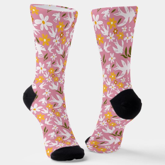 Chaussette Cute Floral Bird Seamless Pattern (Angulaire)