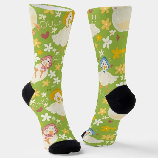 Chaussette Cute Green Duck & Daisy Flower Seamless Pattern (Angulaire)