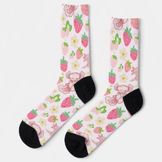 Chaussette Cute Kawaii Axolotl & Strawberry Seamless Pattern