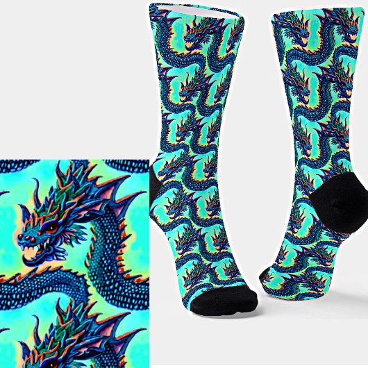 Chaussette Cute Kawaii Dragon Bleu Bébé sur Aqua 