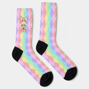 Chaussette Cute Kawaii Lapin Lapin sur Pastel Diamonds