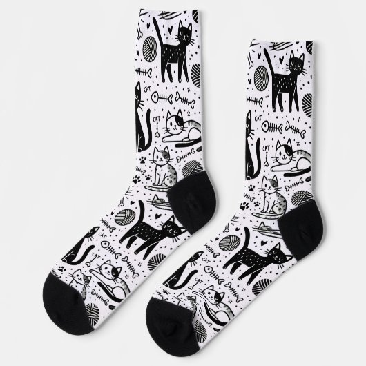 Chaussette Cute noir et blanc Chat Chaussettes Motif minimali (Gauche)