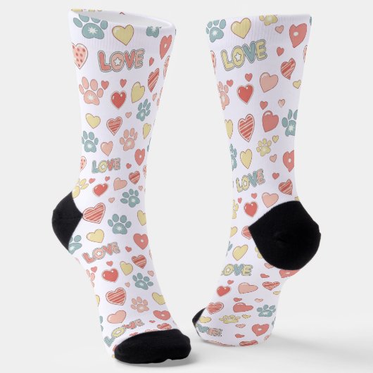 Chaussette Cute Pastel Paw Prints and Hearts Pattern "LOVE"  (Angulaire)