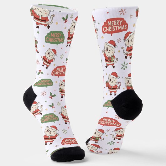 Chaussette Cute Santa Cat Pattern "Merry Christmas" Holiday (Angulaire)