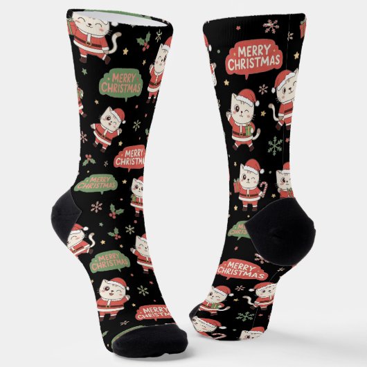 Chaussette Cute Santa Cat Pattern "Merry Christmas" Holiday  (Angulaire)