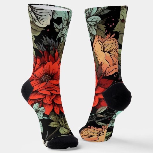 Chaussette Dark Academia Maximalist Red Dahlia Floral  (Angulaire)