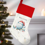 Chaussette De Noël Boule de golf Santa Hat Éclairages à cordes Person<br><div class="desc">Cette réserve de Noël à thème de golf comprend une balle de golf portant un chapeau de Père Noël avec des lampes de Noël autour. Derrière, il y a une série de lumières colorées. Personnalisez facilement avec un nom. Cette réserve est parfaite pour un père de golf, frère, grand-père, ou...</div>