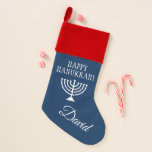 Chaussette De Noël Joyeux Noël à Hanoukka menorah<br><div class="desc">Bleu et blanc Joyeux Hanoukka menorah Juif Noël Stocker . Ajoutez votre nom personnalisé ou vos lettres monogrammes. Conception personnalisée de sacs de chaussettes pour lui. Décorations de vacances élégantes avec design décoratif du symbole religieux des bougies.</div>
