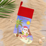 Chaussette De Noël Noël Été Père Noël Beach Vacances Personnalisées<br><div class="desc">Christmas Summer Père Noël Beach Holidays Personnalisé Christmas Stocking présente une jolie scène de Noël d'été avec Père Noël tropicale avec un palmier festif et bonhomme de neige sur la plage. Parfait pour ceux qui fêtent un Noël tropical ou d'été. Conçu par © Evco Holidays www.zazzle.com/store/evcoholidays</div>