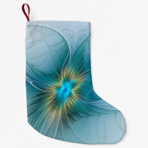 Chaussette De Noël Petite Beauté Moderne Fleur d'Art Fractal Bleu Or