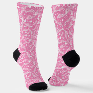 Chaussette Dentelle florale blanche sur fond rose 