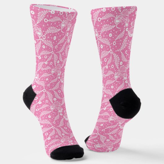 Chaussette Dentelle florale blanche sur fond rose (Angulaire)