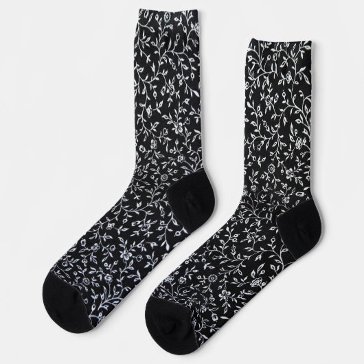 Chaussette Design floral blanc sur noir (Gauche)