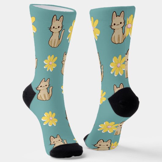 Chaussette Design mignon Chats adorables avec fleurs l Bleu (Angulaire)