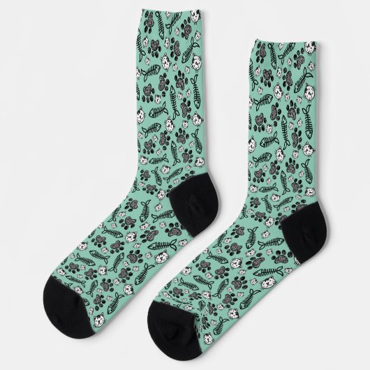 Chaussette Dessin de chats drôles bleu clair noir et blanc (Gauche)