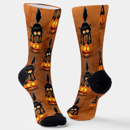 Chaussette Dessin d'Halloween au chat effrayé sur Citrouille (Angulaire)
