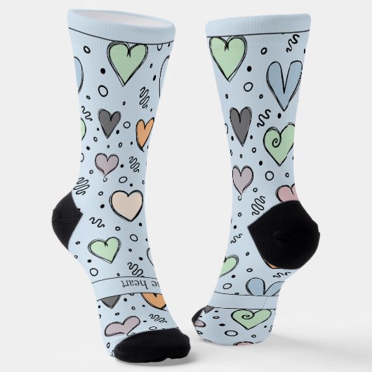 Chaussette Doodle Hearts on Light Blue with Text (Angulaire)