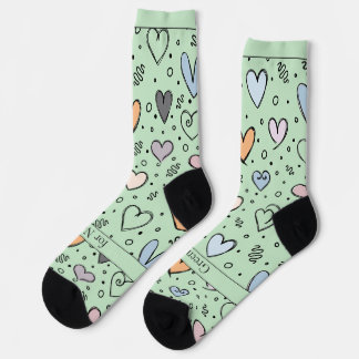 Chaussette Doodle Hearts on Light Green with Text
