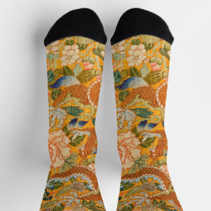 CHAUSSETTE DRAGON PARMI LES PIŒNIES, FLEURS, FEUILLES VERTES