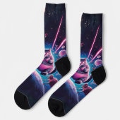 Chaussette Drôle chat géant et dinosaures dans l'espace (Gauche)