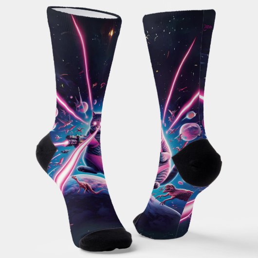 Chaussette Drôle chat géant et dinosaures dans l'espace (Angulaire)