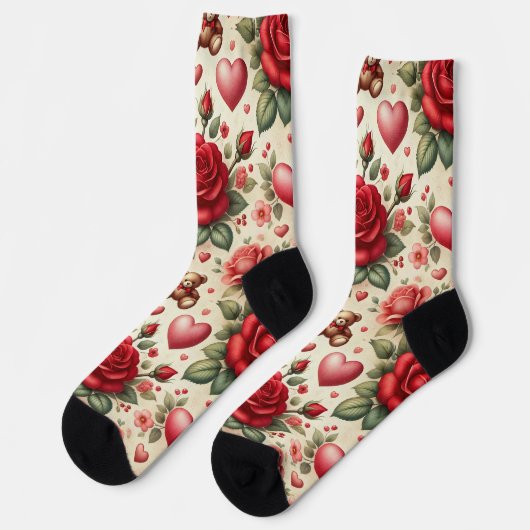 Chaussette Élégance romantique : Roses et coeurs (Gauche)