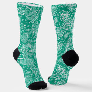 Chaussette Elégant Blanc Paisley Sur Arrière - plan bleu-vert