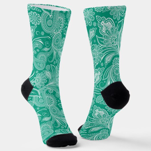 Chaussette Elégant Blanc Paisley Sur Arrière - plan bleu-vert (Angulaire)