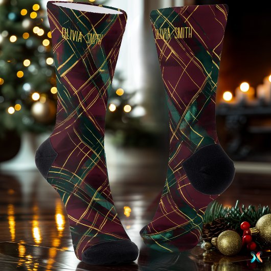 Chaussette Elegant Burgundy and Green Christmas Plaid Custom
