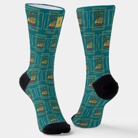 Chaussette Elegant French Horn Christmas Teal Monogram (Angulaire)