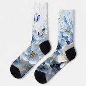 Chaussette Élégant Moderne Fleur Botanique Bleu Blanc (Gauche)