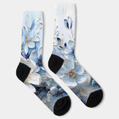 Chaussette Élégant Moderne Fleur Botanique Bleu Blanc (Droite)