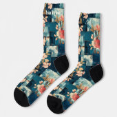 Chaussette Élégant patchwork floral sarcelle et corail sur me (Gauche)