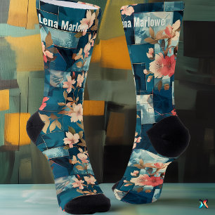 Chaussette Élégant patchwork floral sarcelle et corail sur me