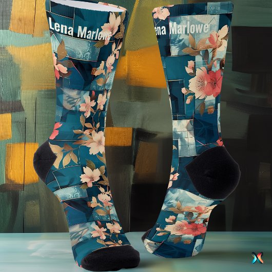 Chaussette Élégant patchwork floral sarcelle et corail sur me