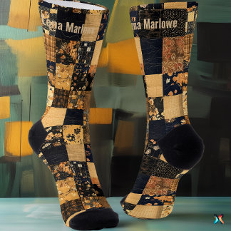 Chaussette Élégant Patchwork Navy et Or – Fleurs Personnalisé