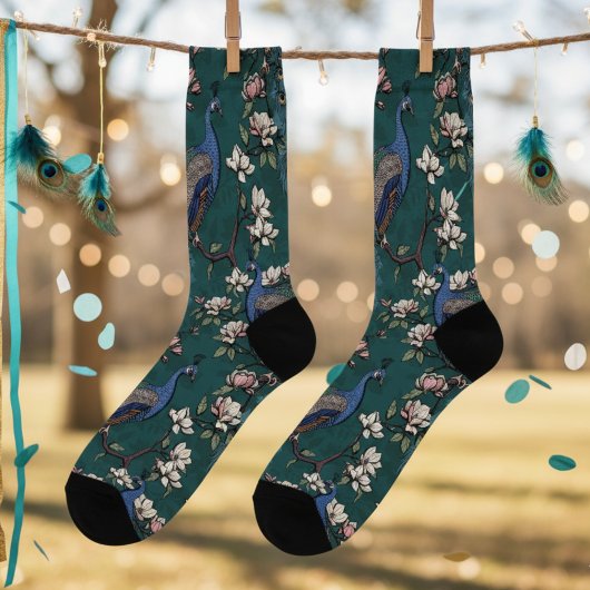 Chaussette Elégant Peacocks Turquoises foncés et Fleurs de Ma
