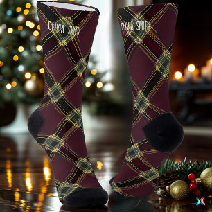 Chaussette Élégante Bourgogne et or Noël Plaid sur mesure