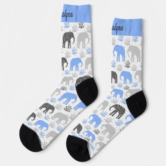Chaussette Eléphant motif gris bleu glitterie avec nom (Gauche)