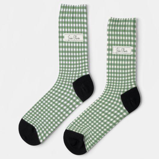 Chaussette en vichy Motif en vert avec nom (Gauche)