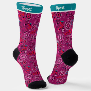 Chaussette Ethnique folk abstrait motif floral rétro cramson