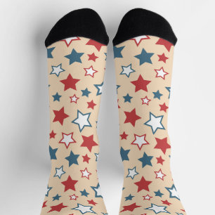 Chaussette Étoiles rouges et bleues, 4 juillet, fond beige