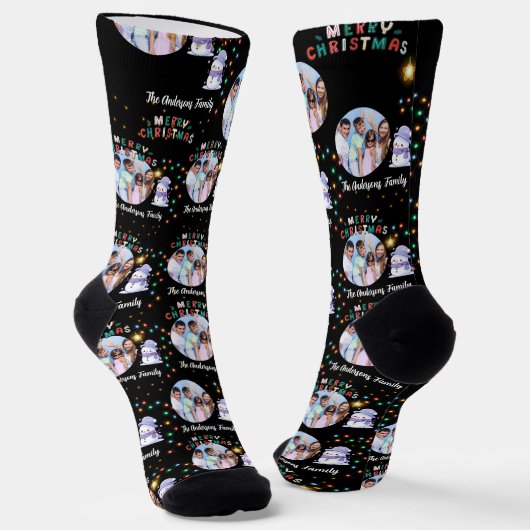 Chaussette Famille de Noël moderne Snowman Photo et nom (Angulaire)